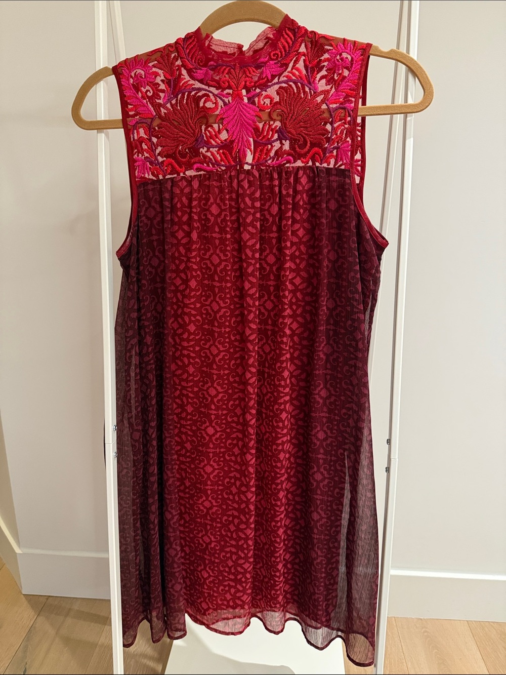 Sleeveless Burgundy Dress with Fuchsia Embroidered Yoke